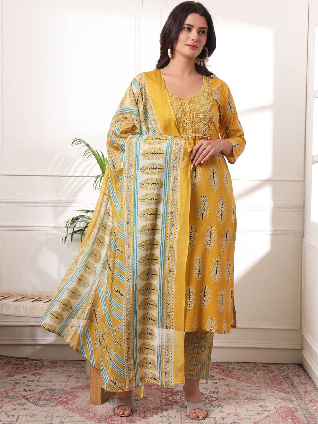 

VIVARAA FASHION Floral Printed Sequinned Pure Cotton Kurta With Trousers And Dupatta, Yellow