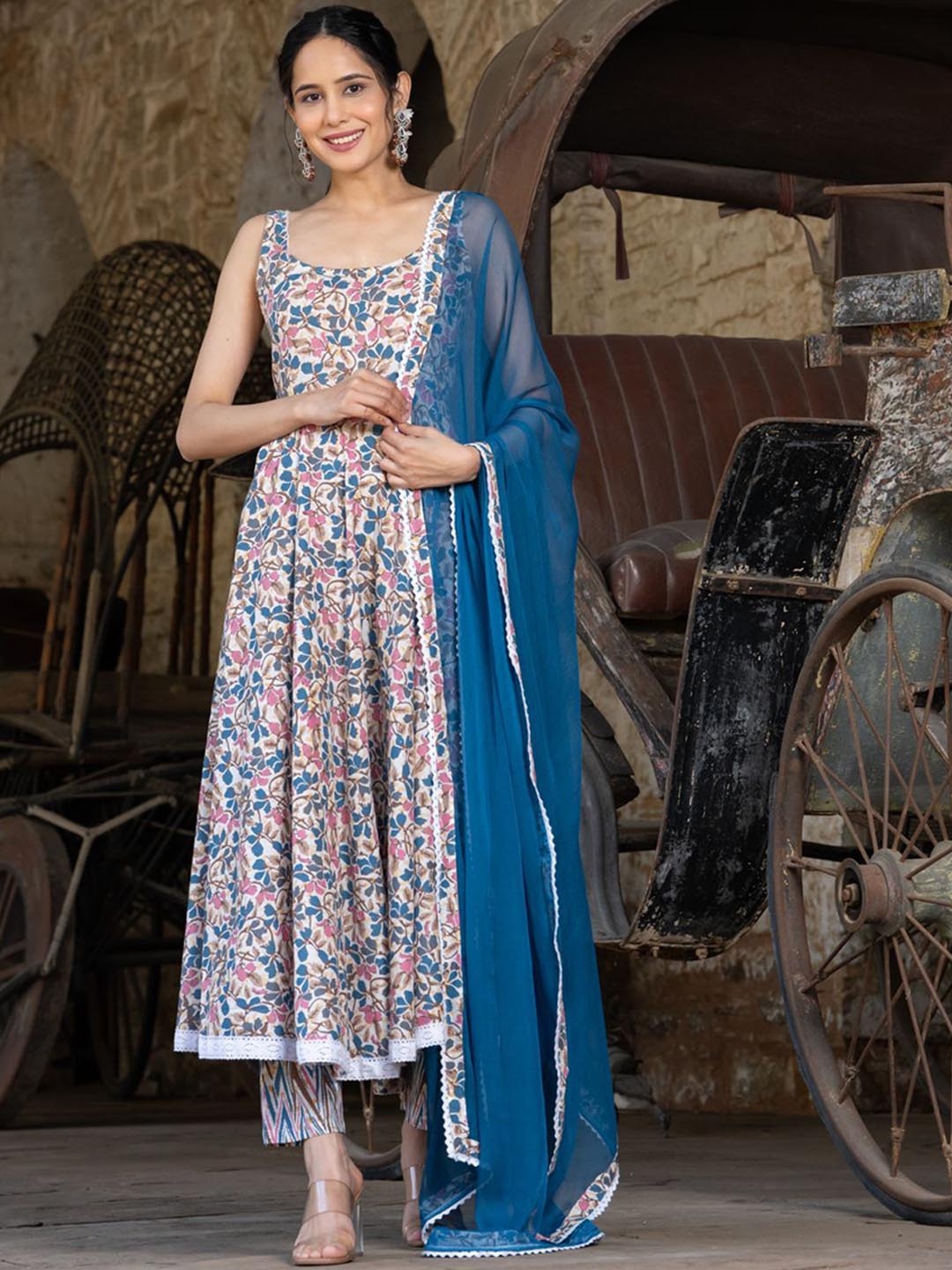 

GoSriKi Floral Printed Anarkali Kurta With Trousers And Dupatta, Blue