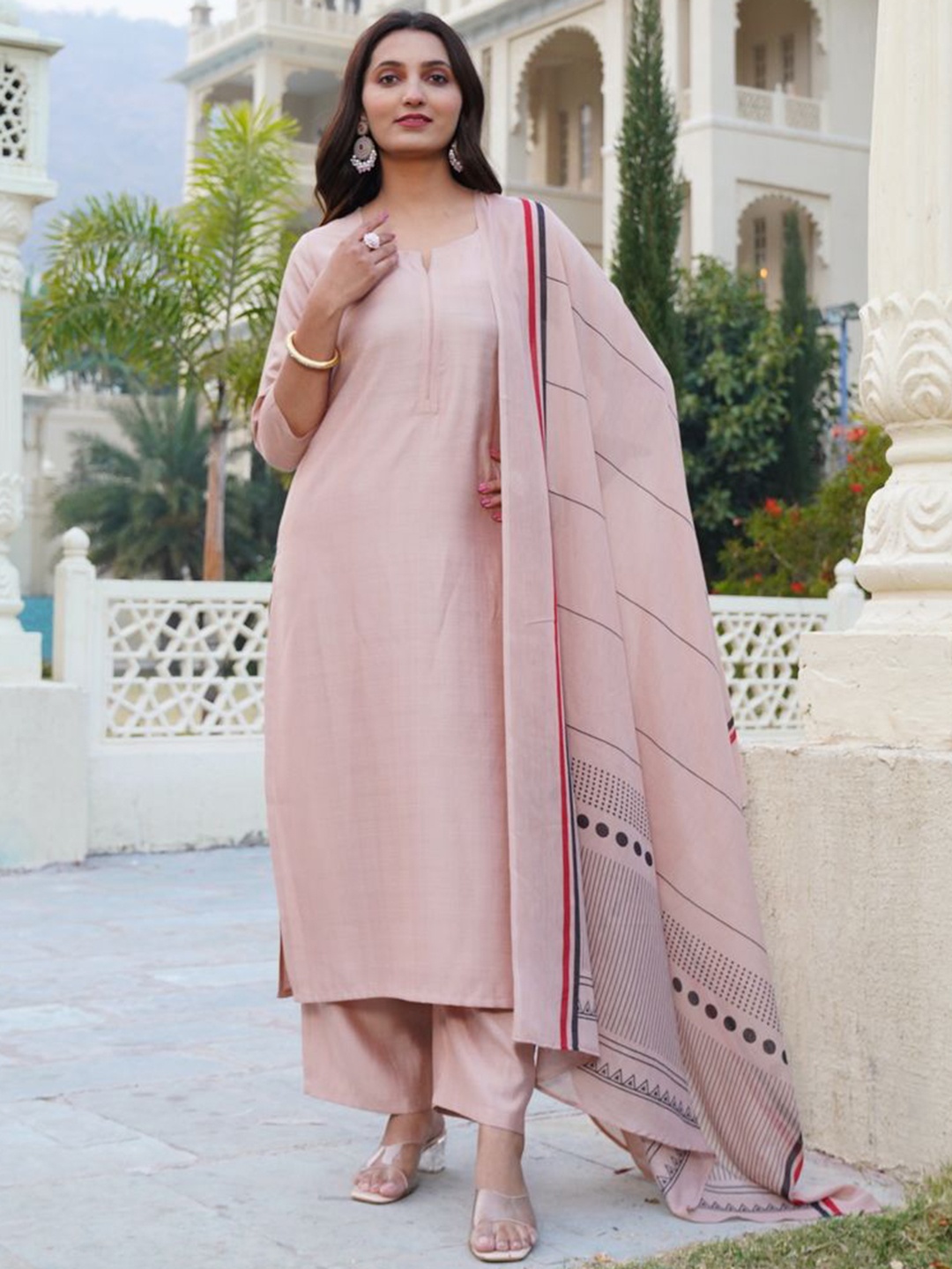 

GoSriKi Notch Neck Straight Kurta With Palazzos And Dupatta, Beige