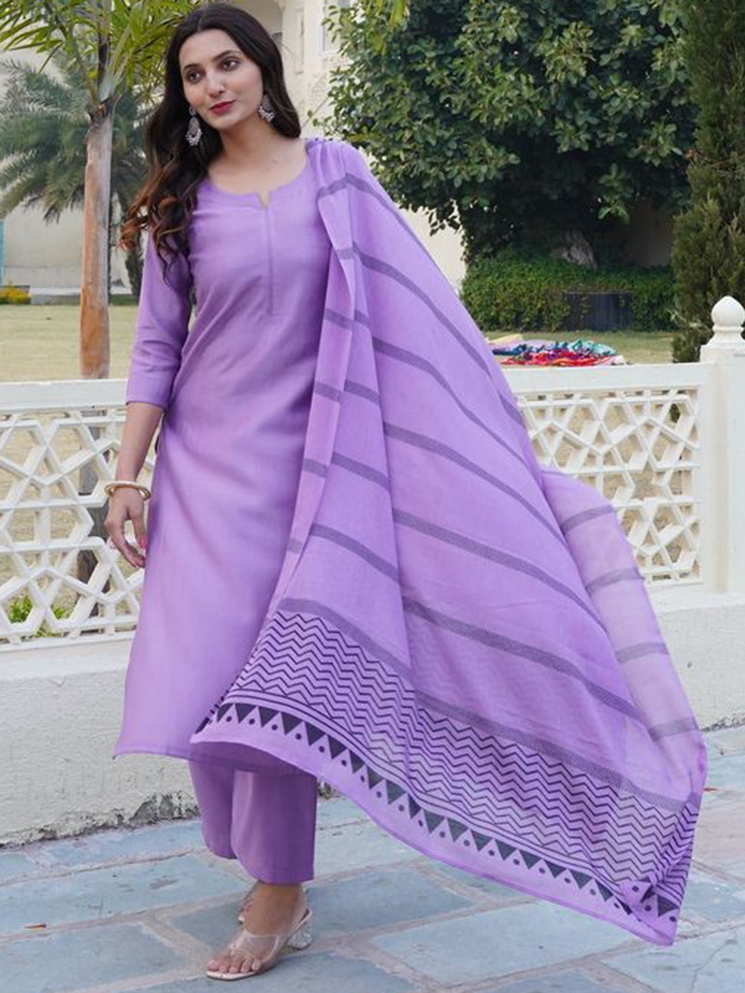 

KALINI Notch Neck Straight Kurta With Palazzos And Dupatta, Purple