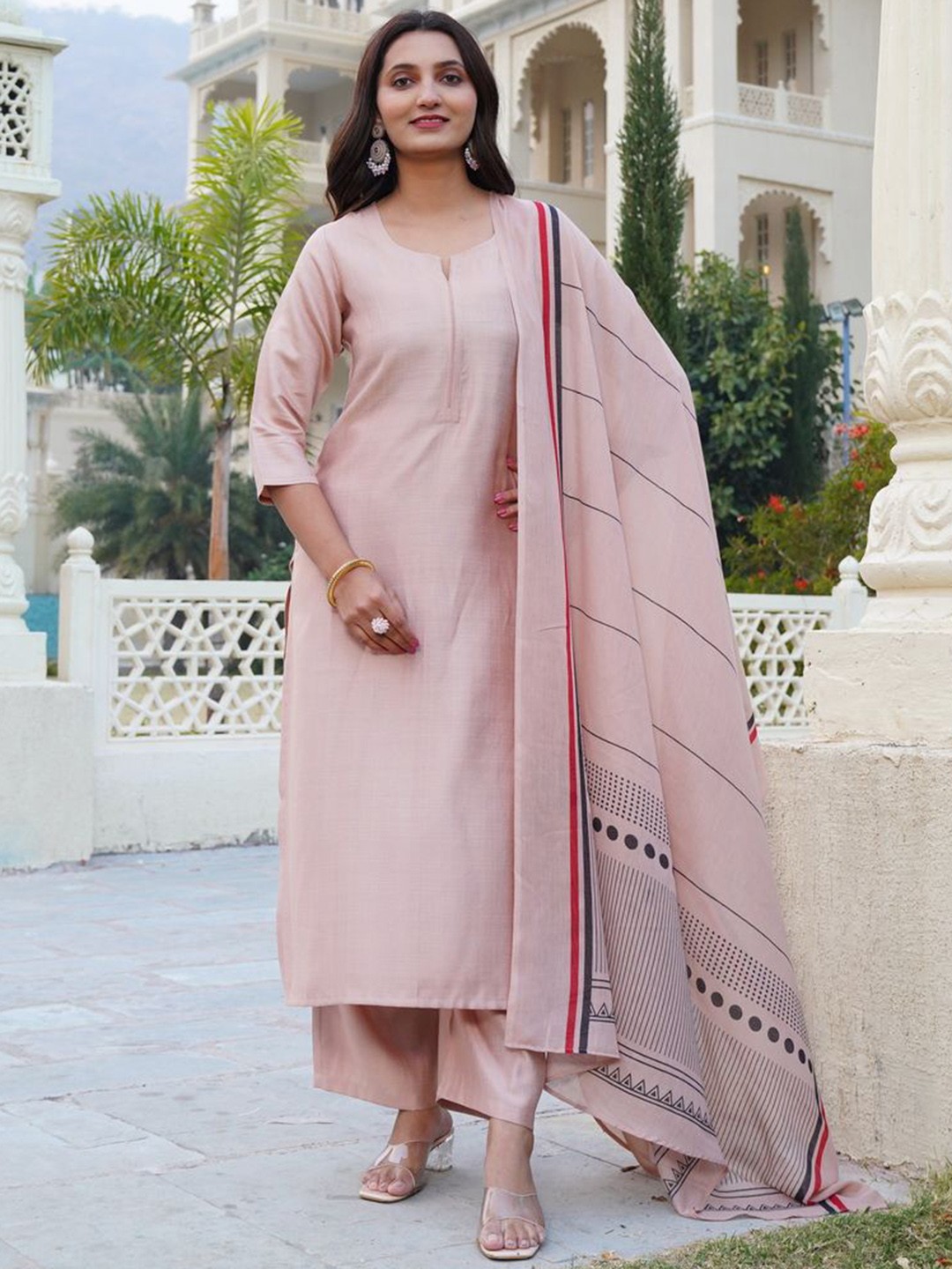 

KALINI Notch Neck Straight Kurta With Palazzos And Dupatta, Pink