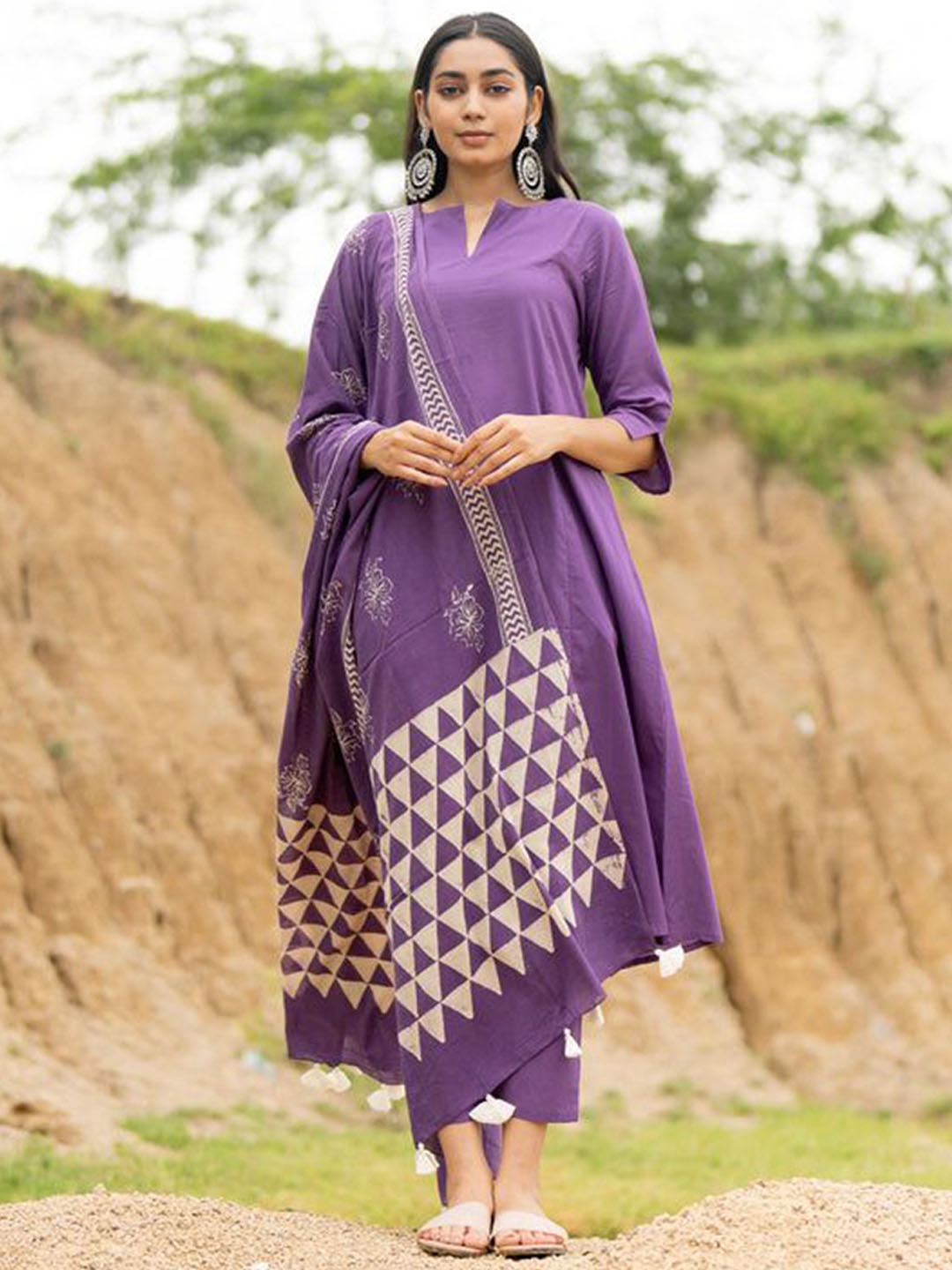 

KALINI Notch-Neck Straight Kurta With Trousers And Dupatta, Purple