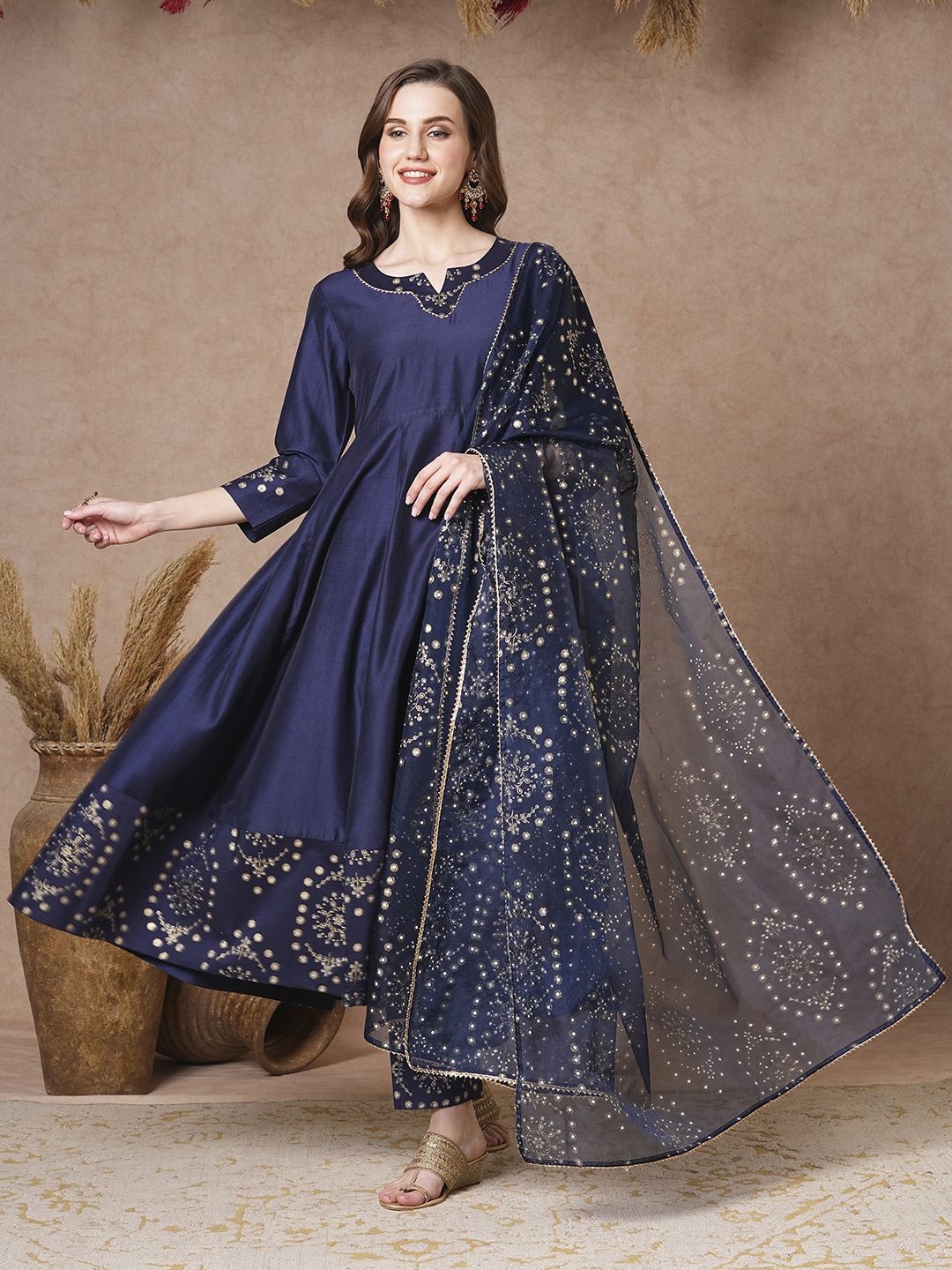 

KALINI Ethnic Motifs Printed Empire Notch Neck Anarkali Kurta With Trousers And Dupatta, Navy blue