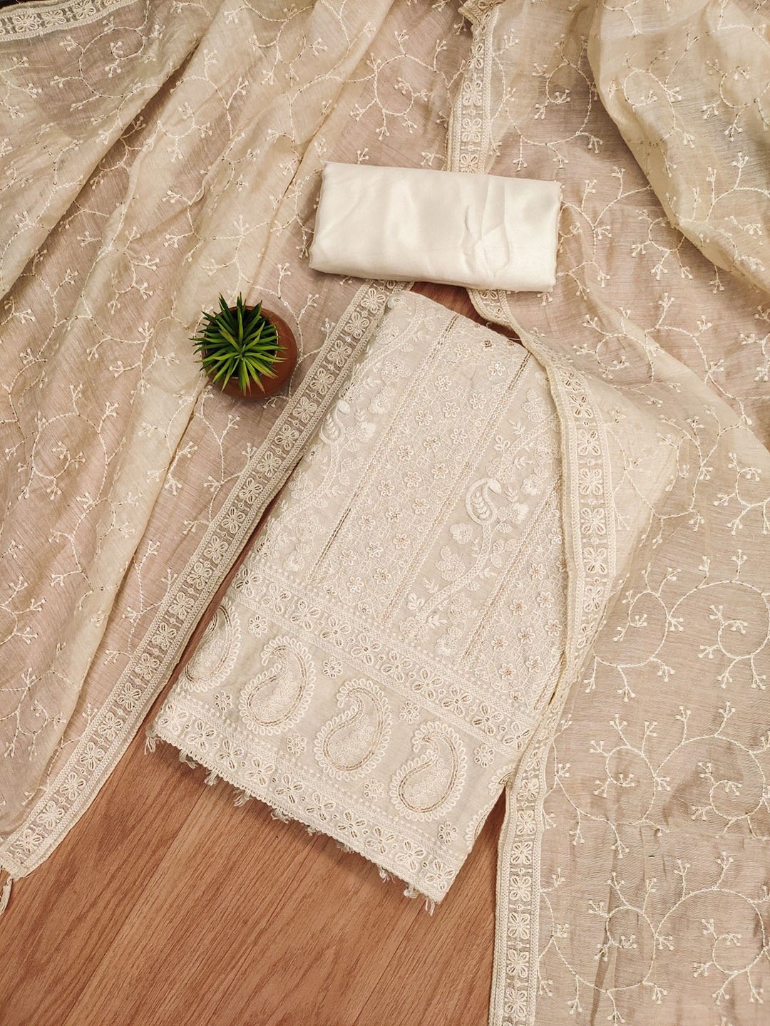 

Panzora Paisley Embroidered Sequinned Chanderi Silk Unstitched Dress Material, Beige
