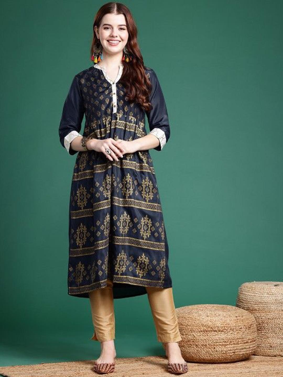 

Suha Ethnic Motifs Printed Notch Neck Anarkali Kurta, Navy blue
