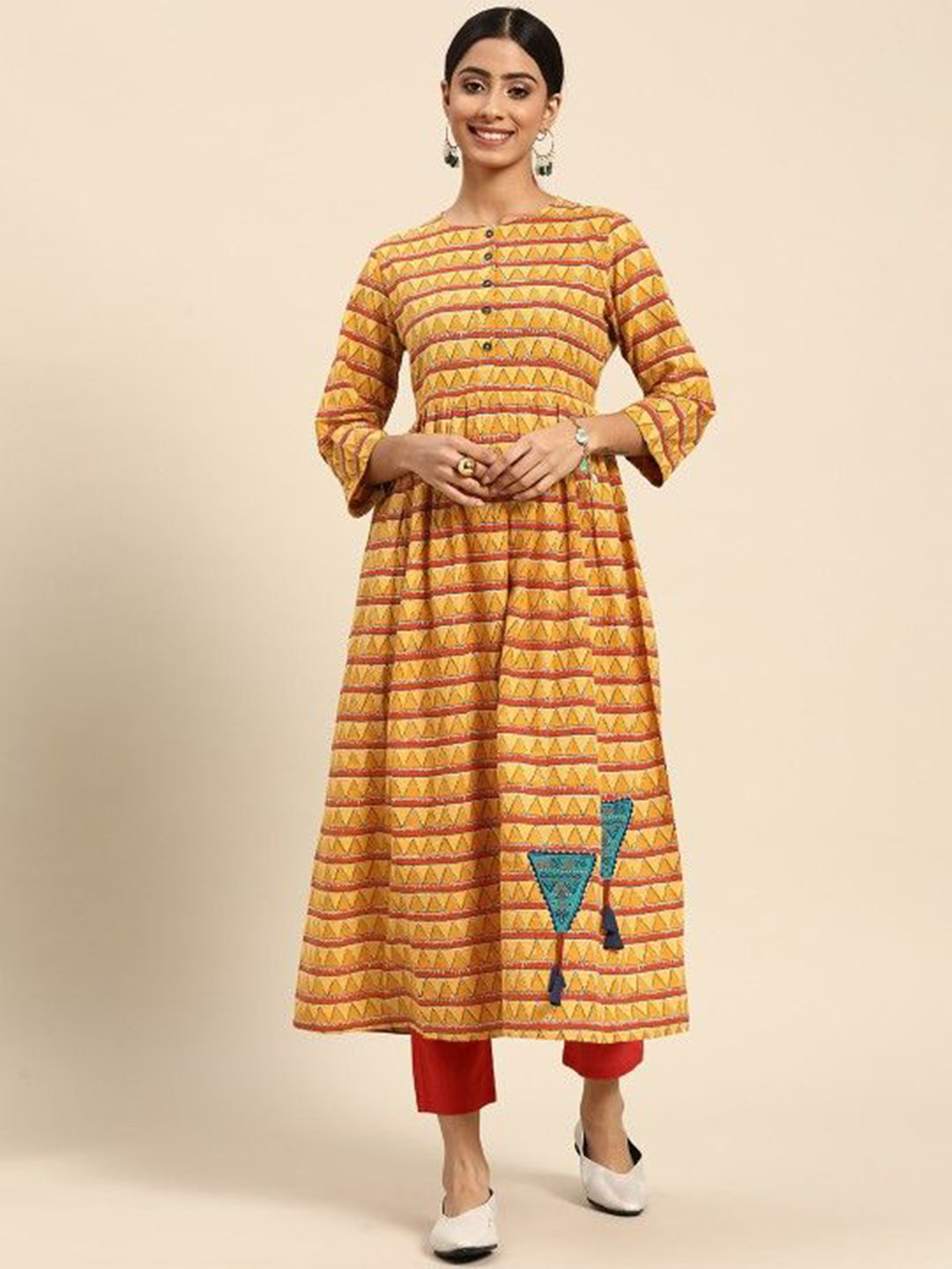 

Suha Geometric Embroidered Striped Round Neck Pleated Anarkali Kurta, Mustard