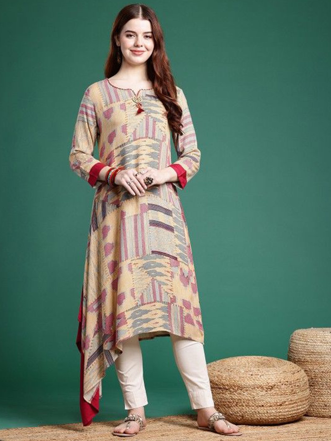 

Suha Geometric Printed Striped Notch Neck A-Line Kurta, Yellow