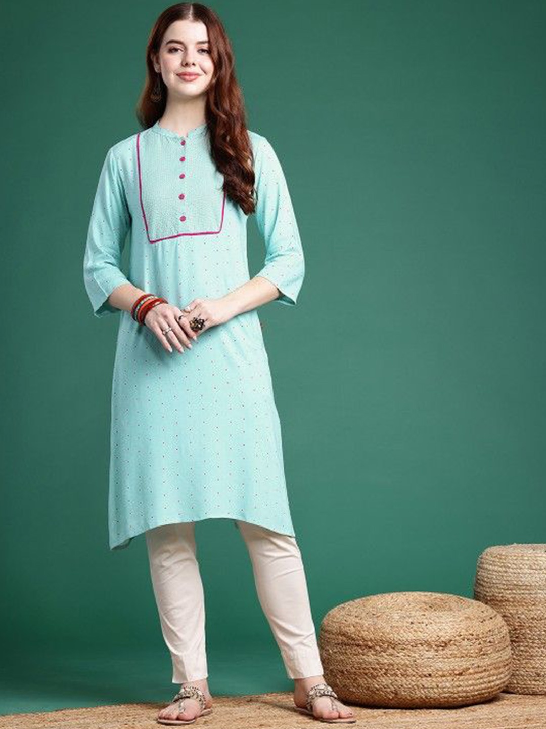 

Suha Polka Dot Printed Mandarin Collar Straight Kurta, Blue