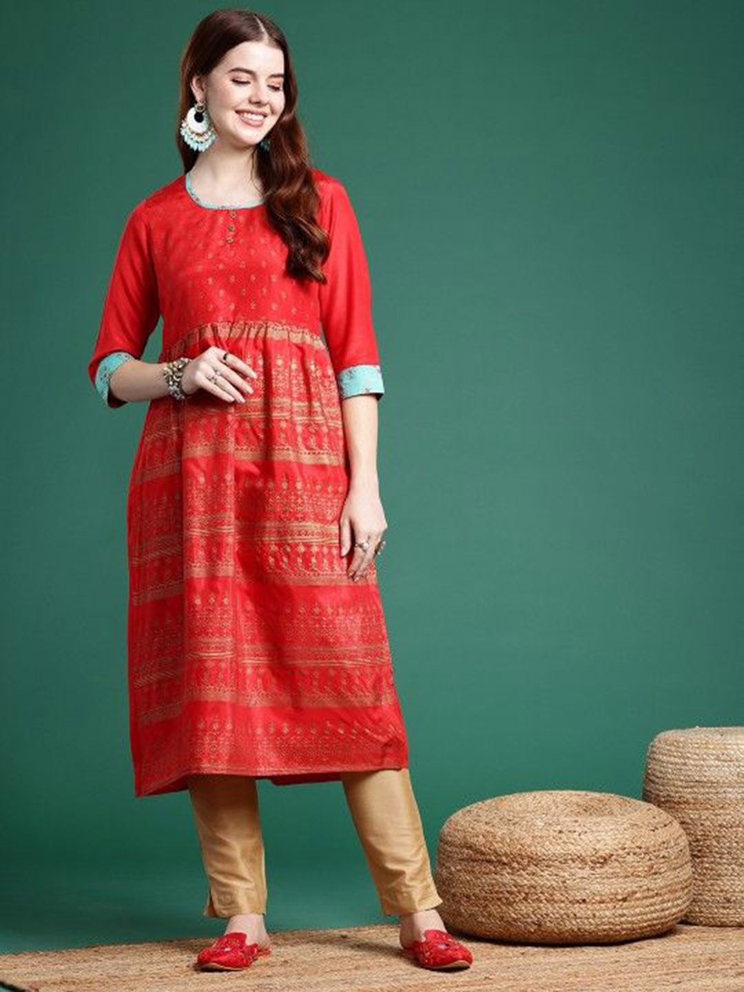 

Suha Ethnic Motifs Printed Round Neck Anarkali Kurta, Red