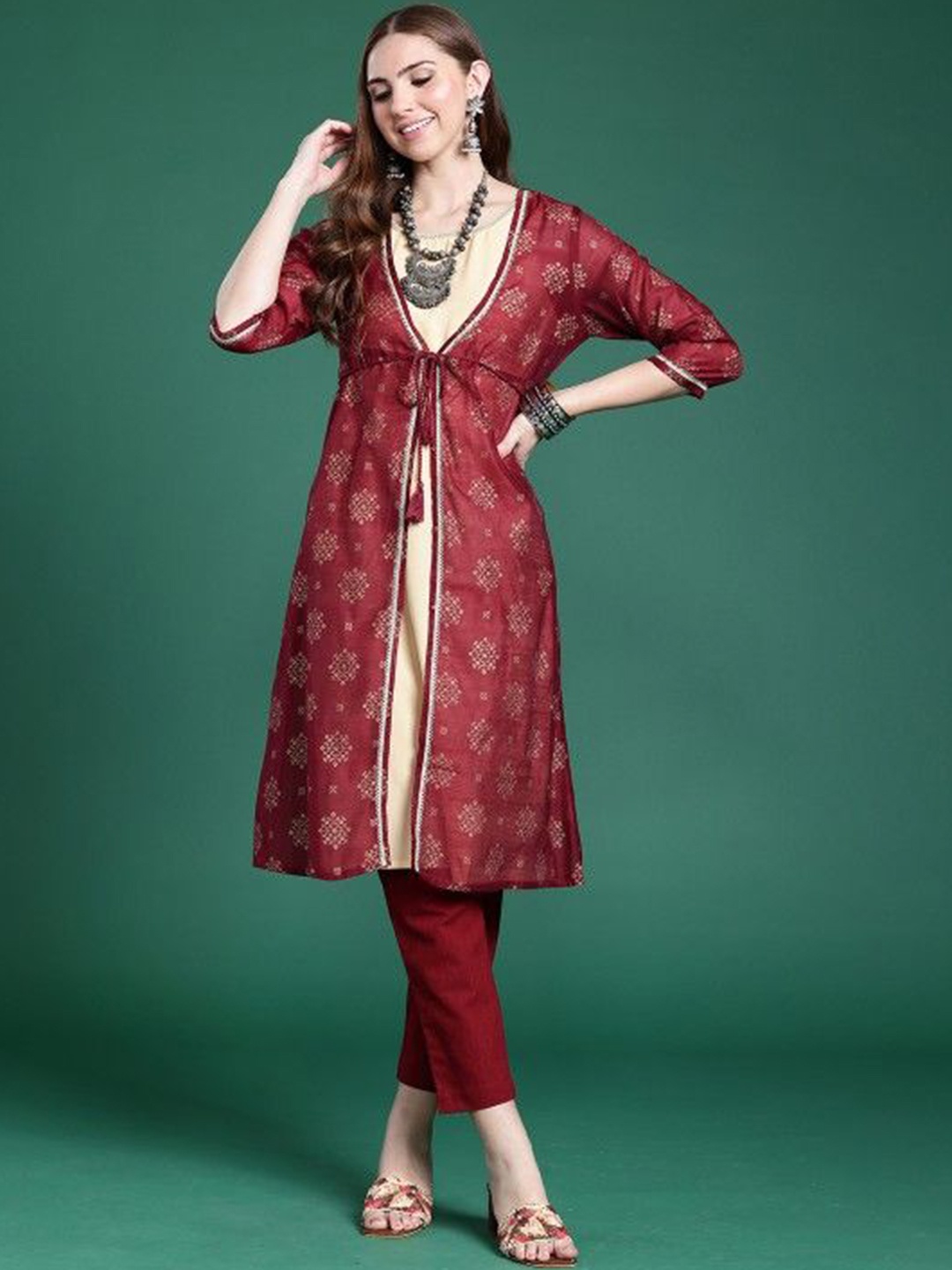 

Suha Woven Design Printed Round Neck Straight Kurta With Jacket, Beige