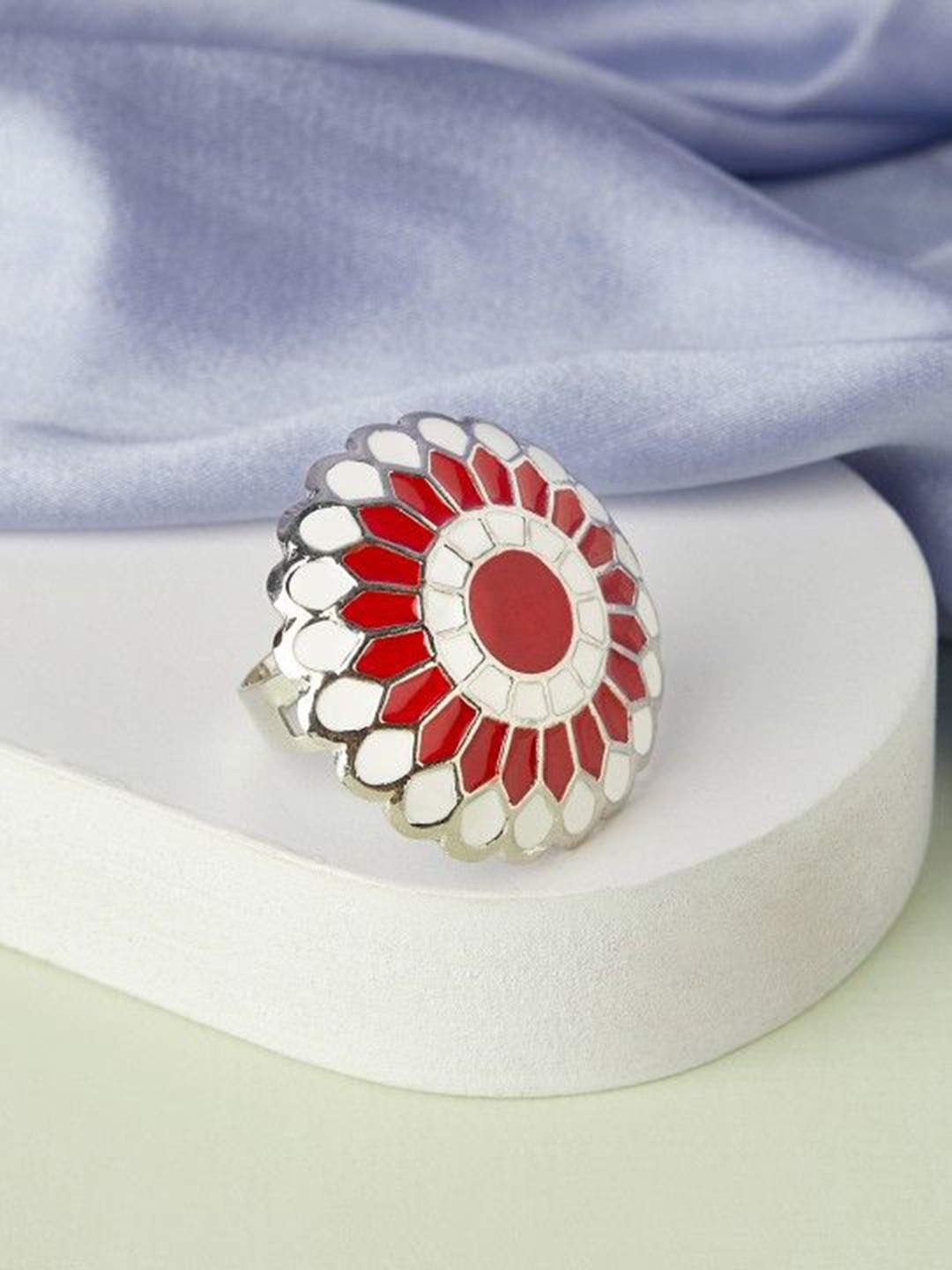 

Rubans Oxidized Silver Plated Red & White Enamel Floral Adjustable Statement Ring