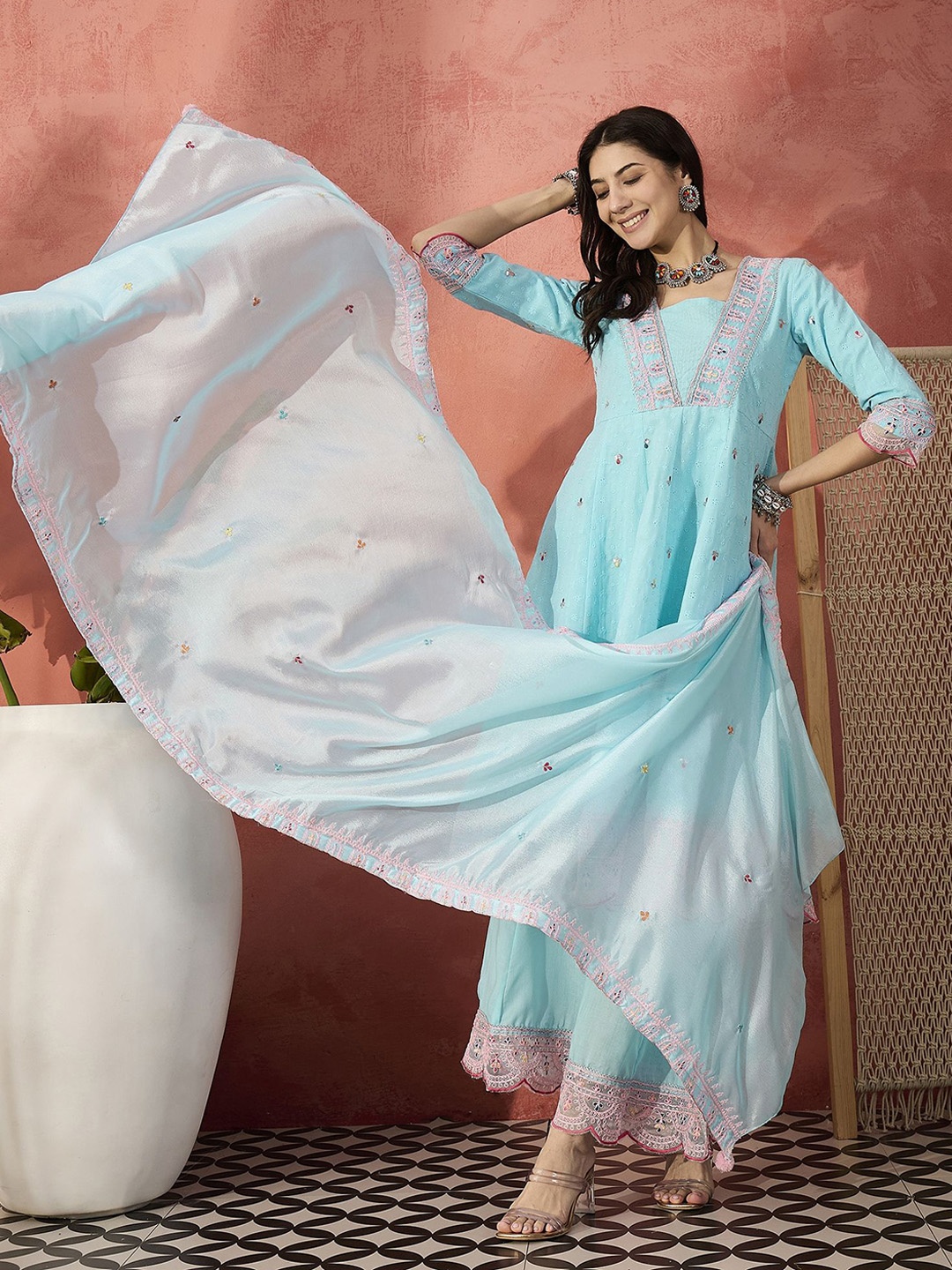 

Sangria Embroidered Pure Cotton V-Neck Anarkali Kurta & Trousers With Dupatta, Turquoise blue