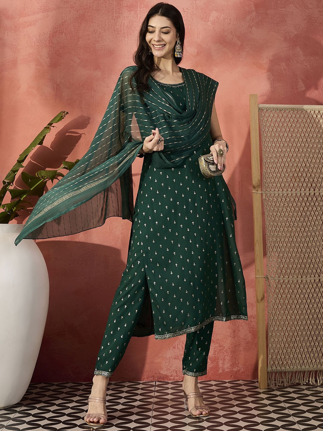 

Sangria Embroidered Round Neck Straight Kurta & Trousers With Dupatta, Green