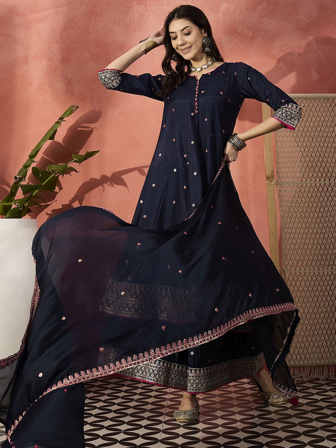 

Sangria Embroidered Round Neck Anarkali Kurta & Palazzos With Dupatta, Navy blue