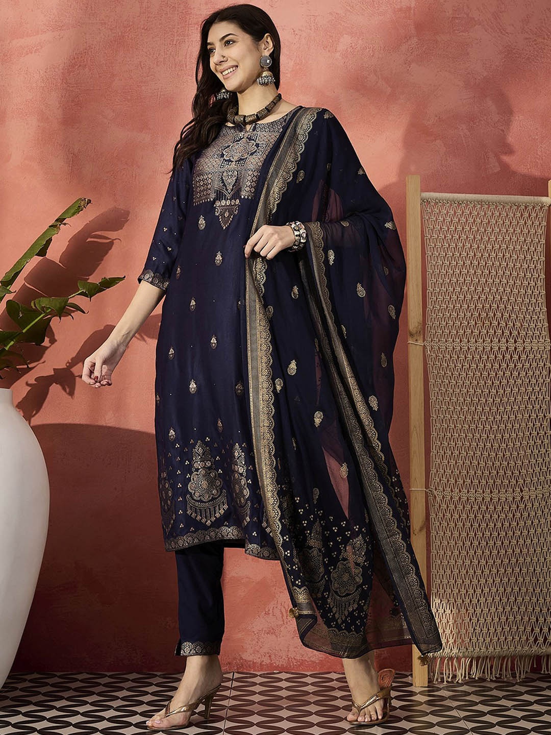 

Sangria Embroidered Straight Round Neck Kurta & Trousers With Dupatta, Navy blue