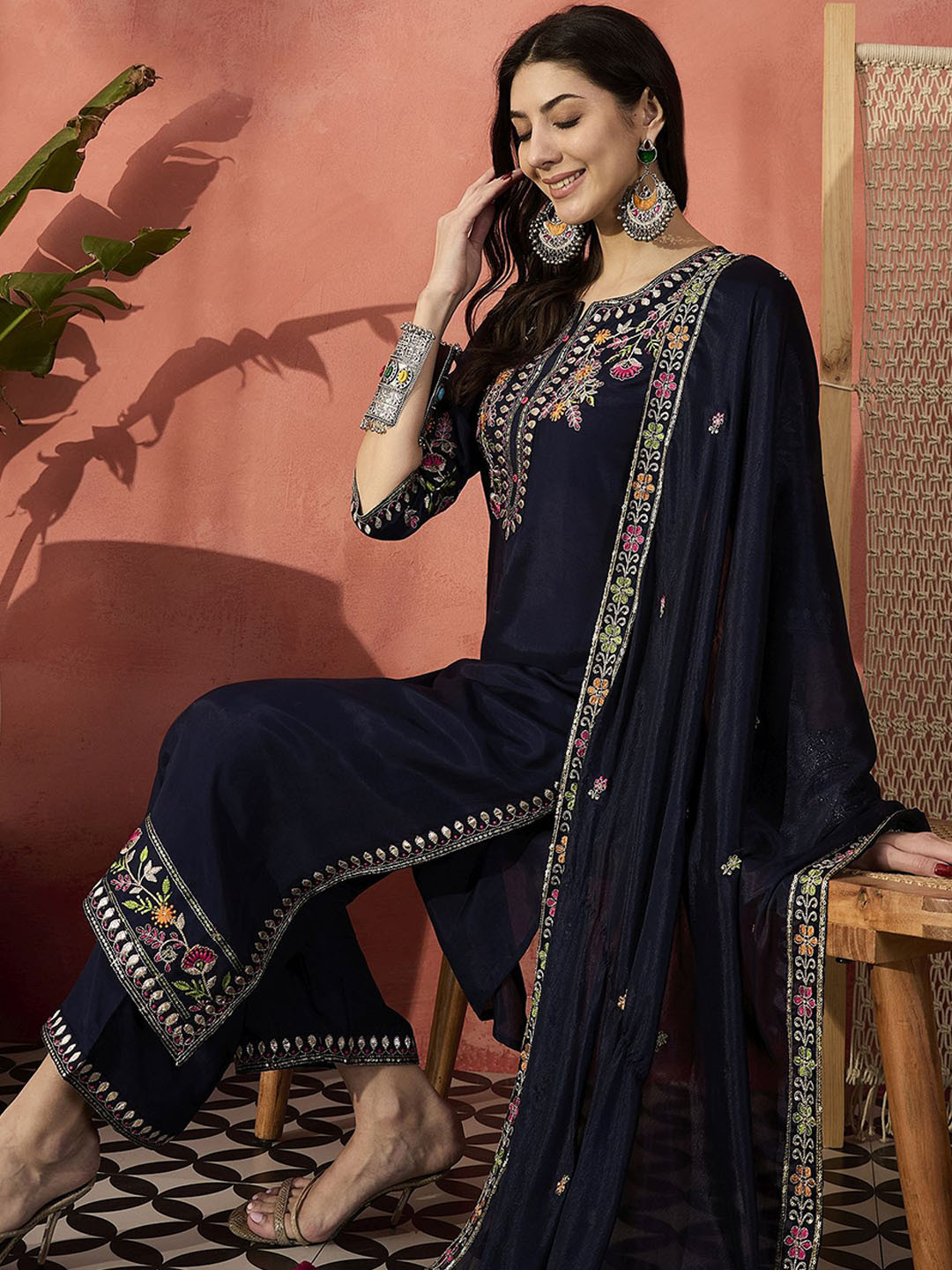 

Sangria Navy Blue Floral Embroidered Notch Neck Straight Kurta With Trousers And Dupatta