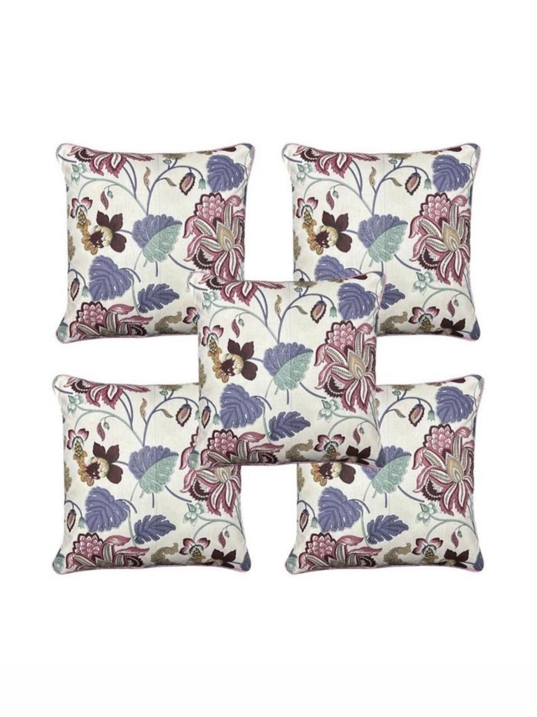 

TANLOOMS White & Blue 5 Pices Floral Printed Square Cotton Cushion Covers