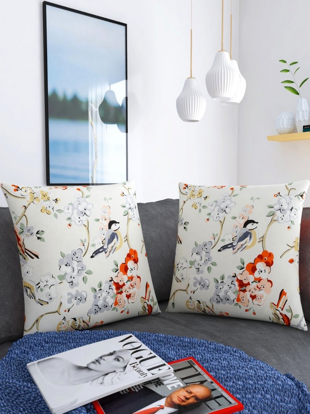 

TANLOOMS White & Grey 2 Pieces Floral Printed Cotton Square Cushion Covers