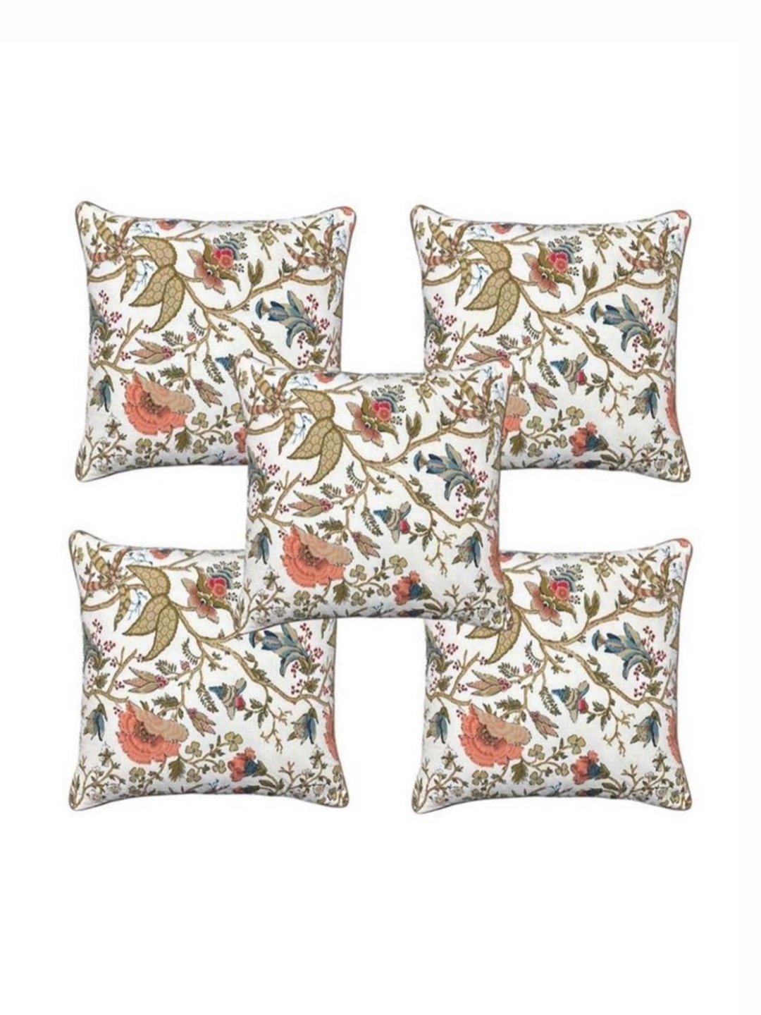 

TANLOOMS White & Green 5 Pieces Floral Printed Cotton Square Cushion Covers