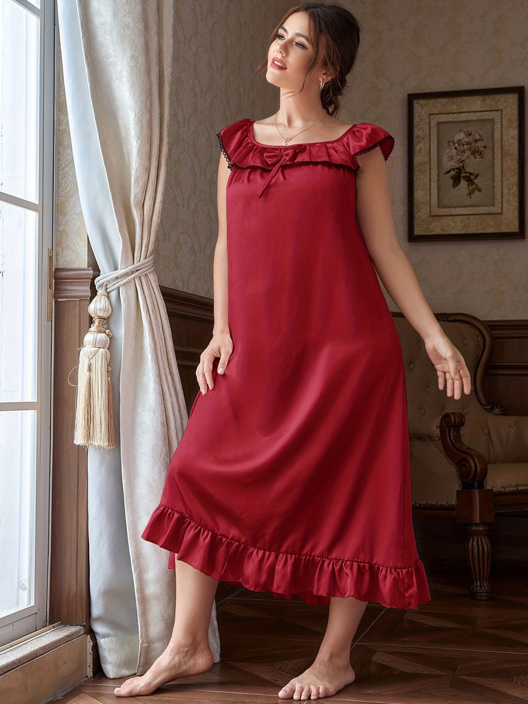 

ETC Round Neck Bow Detail Sleeveless Frill Maxi Nightdress, Red