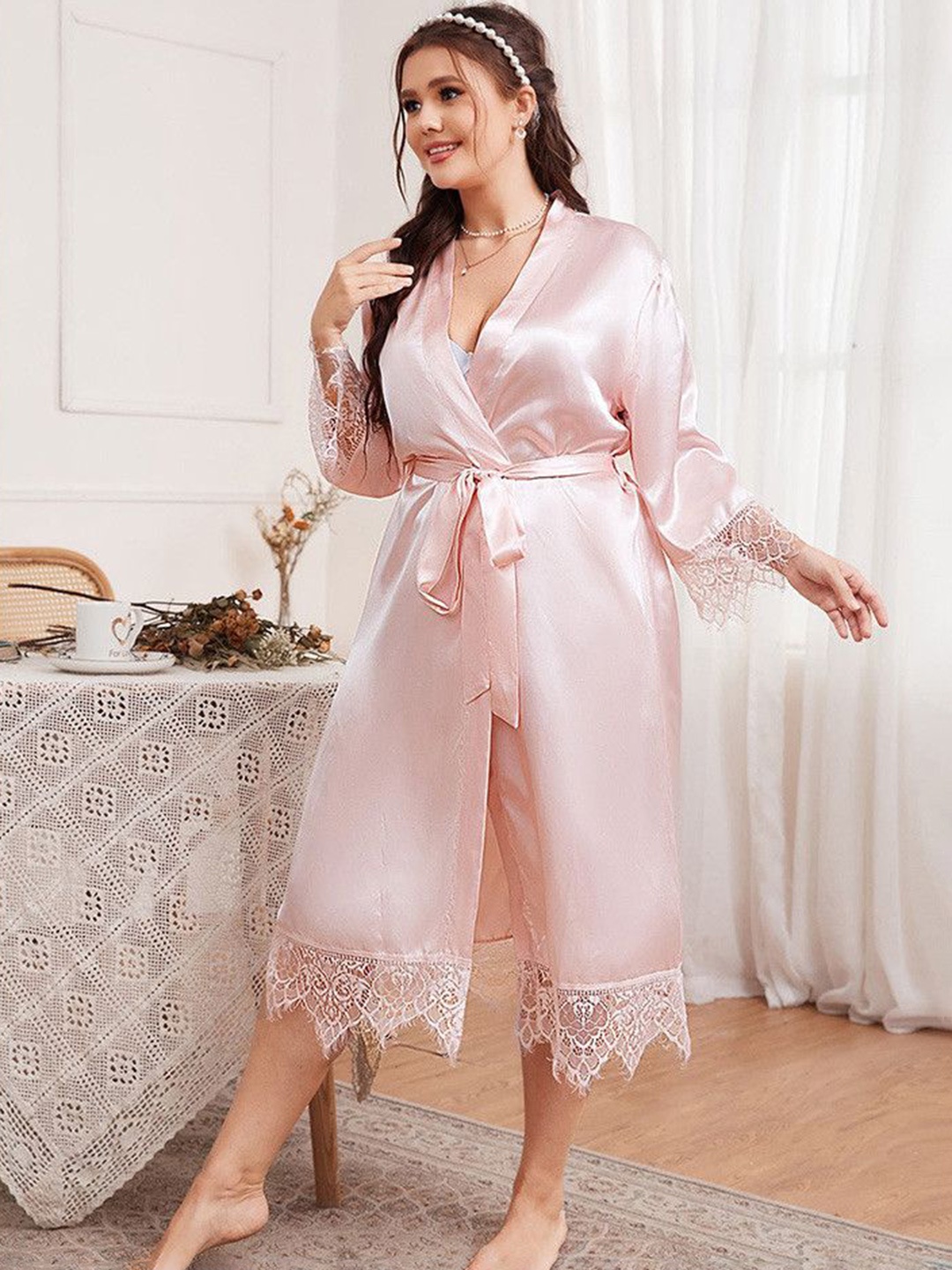 

ETC Lace Detail Robe Comes With Belt, Pink