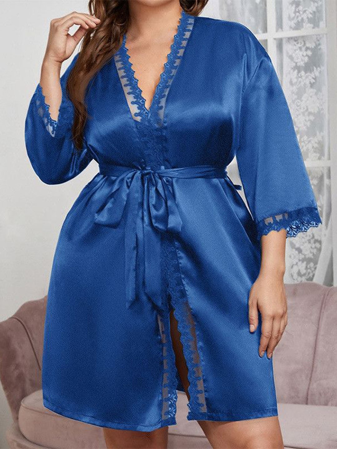 

ETC Lace Detail Robe Comes With Belt, Blue