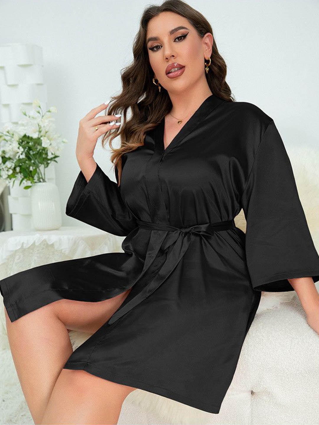 

ETC Solid Satin Robe, Black