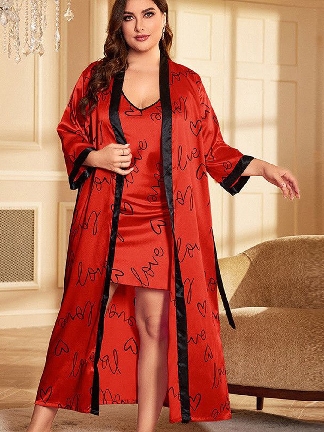 

ETC Printed V-Neck Nightdress & Robe, Red