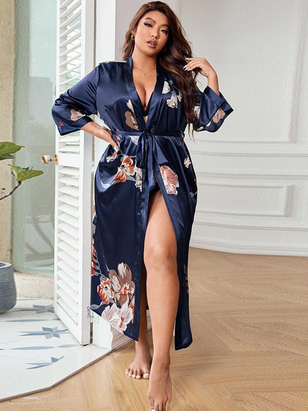 

ETC Floral Printed V-Neck Robe With Fabric Belt, Navy blue