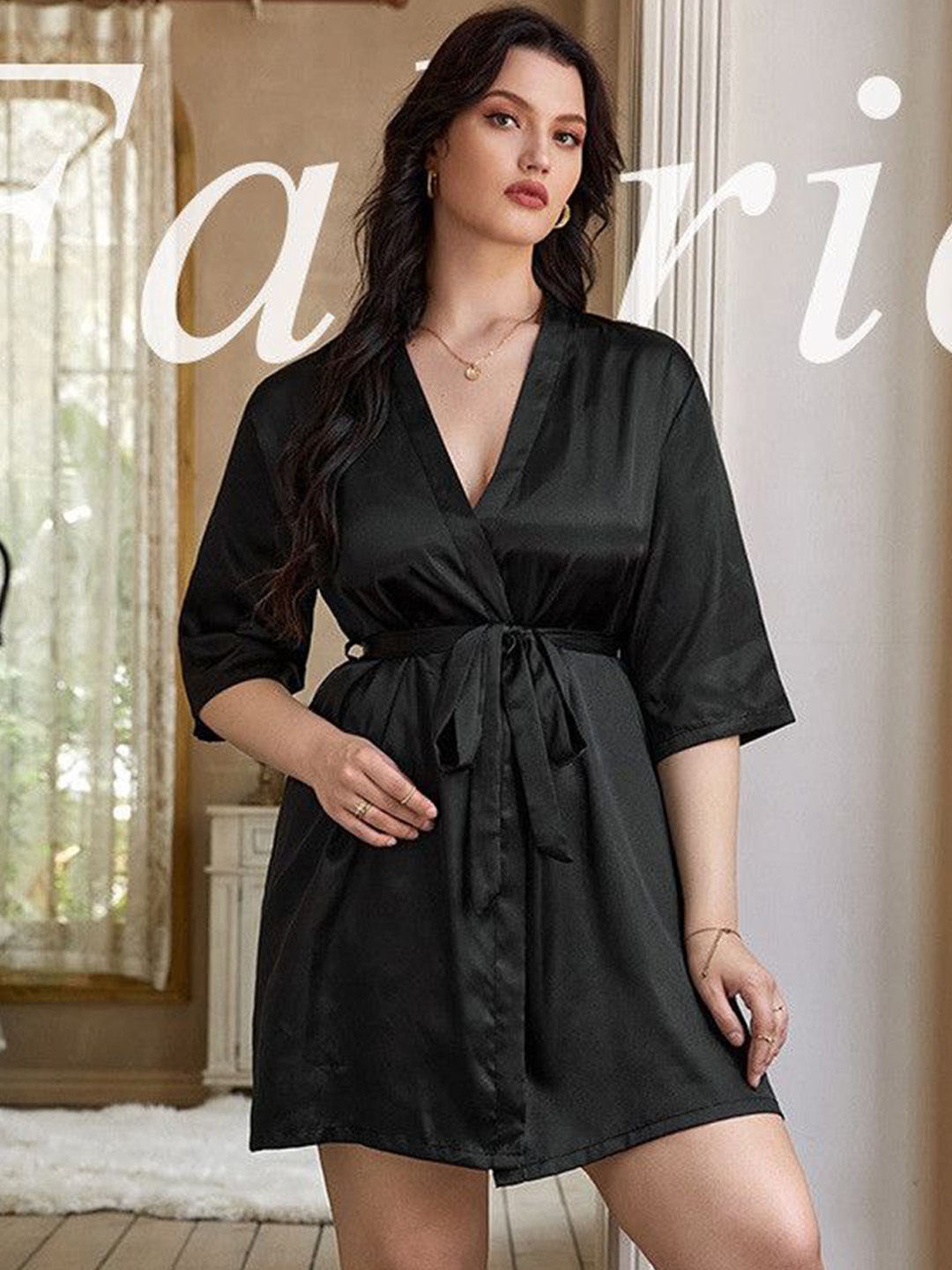 

ETC V-Neck Robe With Fabric Belt, Black