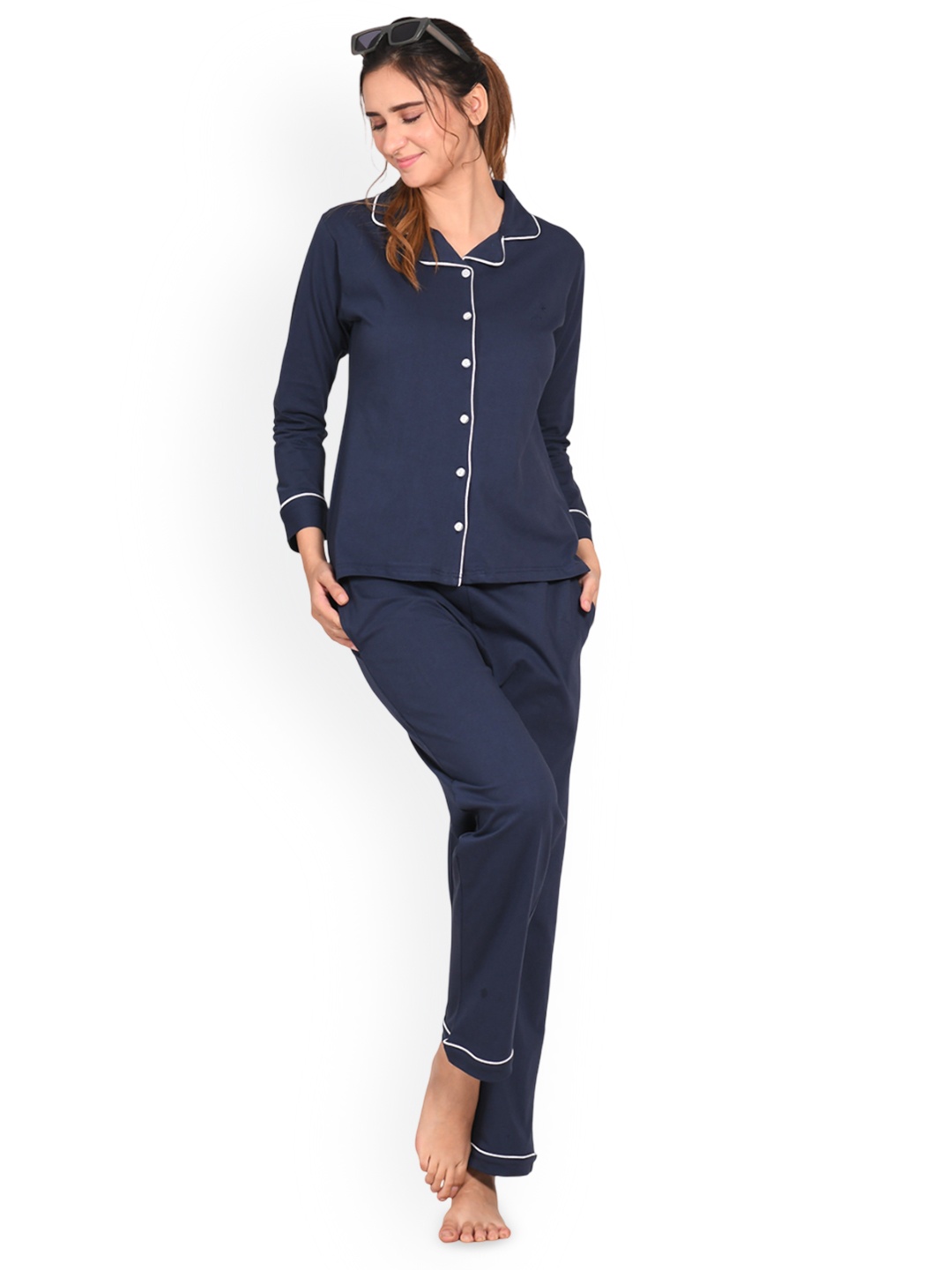 

NAP STORY Women full Sleeve Shirt & Pyjama Nightsuit Set, Navy blue