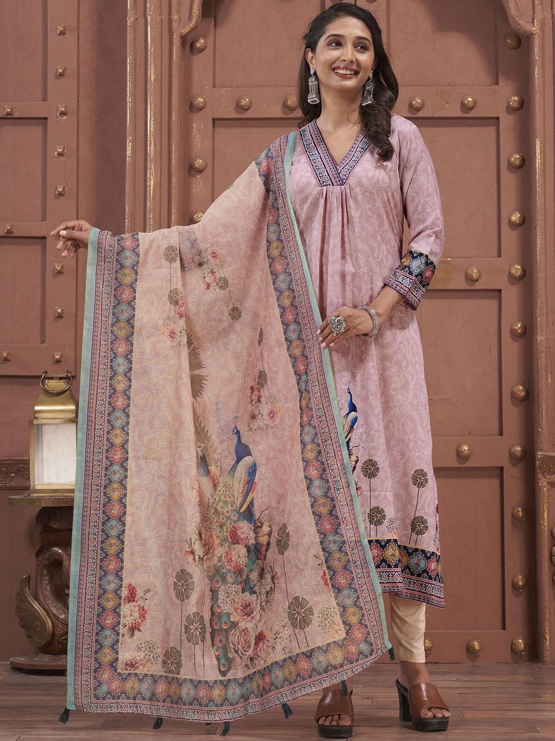 

Ekana Ethnic Motifs Printed V-Neck Pleated Cotton A-Line Kurta With Dupatta, Pink