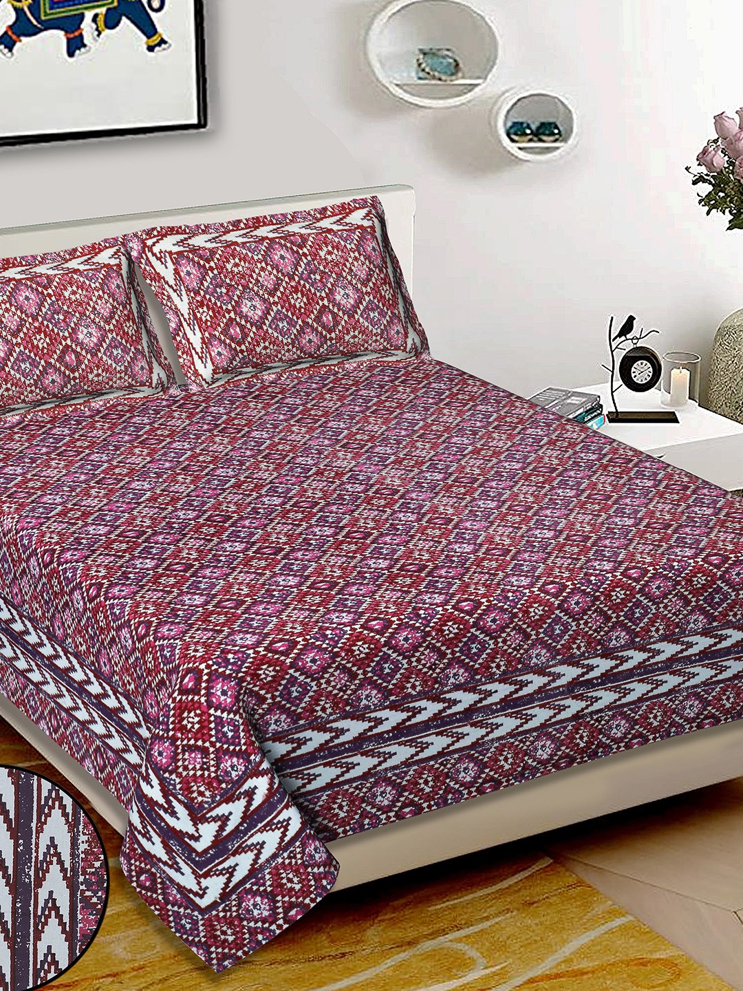 

Butea Crape Maroon Geometric Printed Pure Cotton 220 TC King Bedsheet Sets