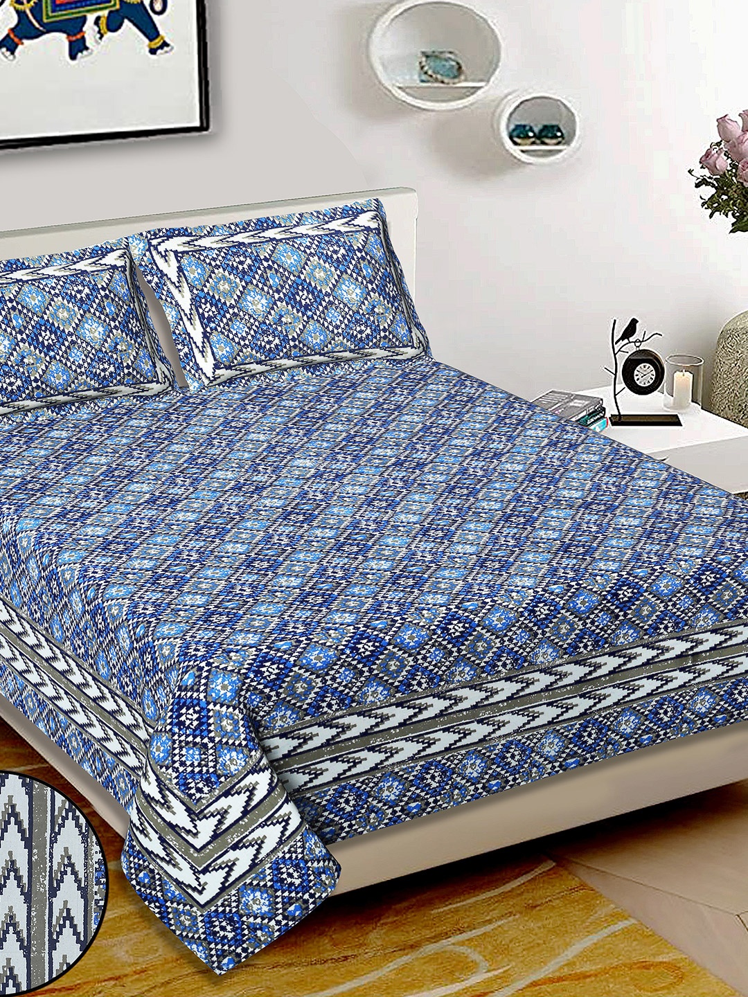 

Butea Crape Blue Geometric Printed Pure Cotton 220 TC King Bedsheet Sets