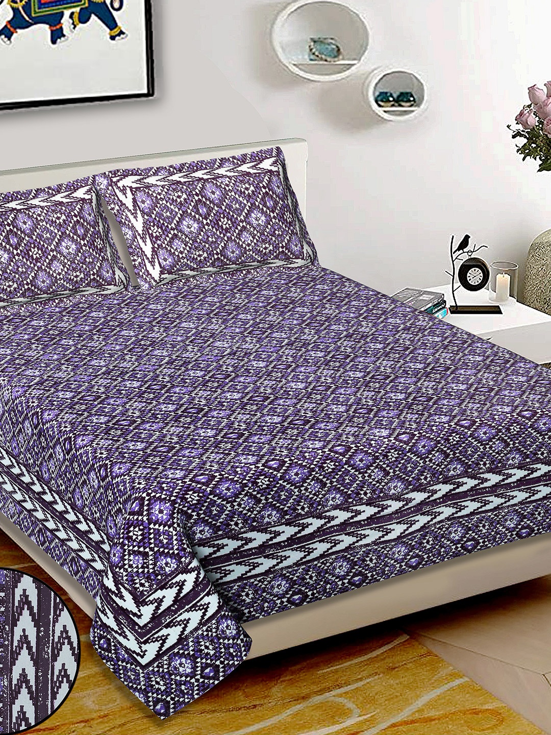

Butea Crape Multicoloured Geometric 220 TC King Bedsheet with 2 Pillow Covers, Blue