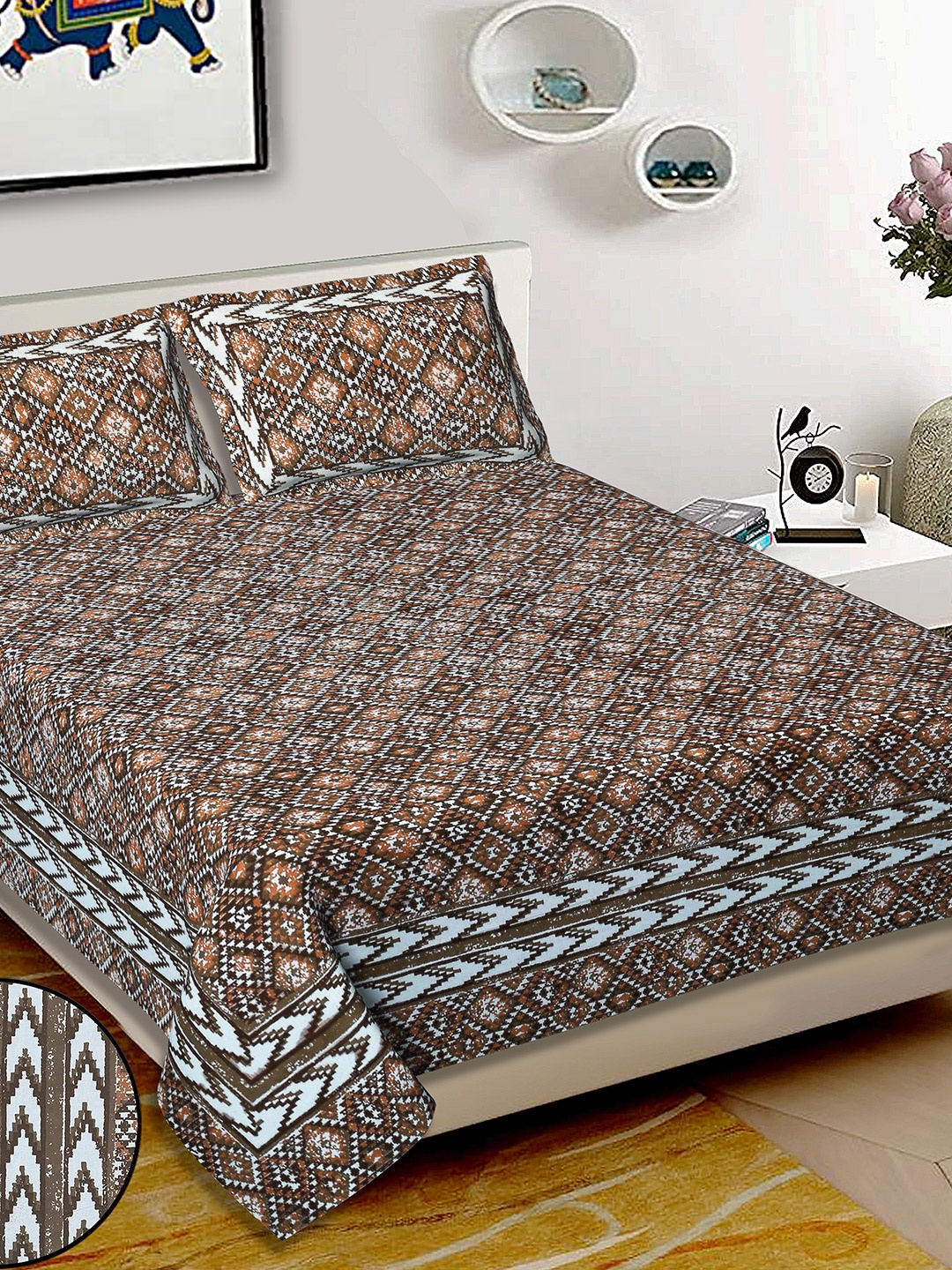 

Butea Crape Brown Geometric Printed Pure Cotton 220 TC King Bedsheet Sets