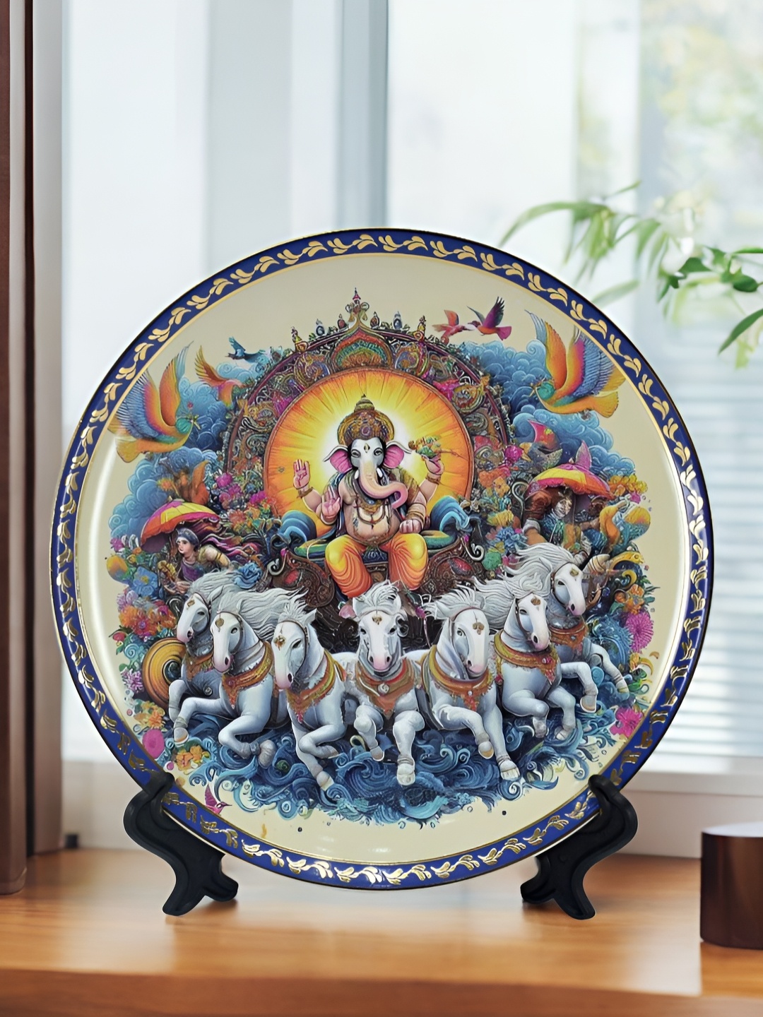

The Decor Lane Blue & White Printed Ceramic Wall Plate With Stand