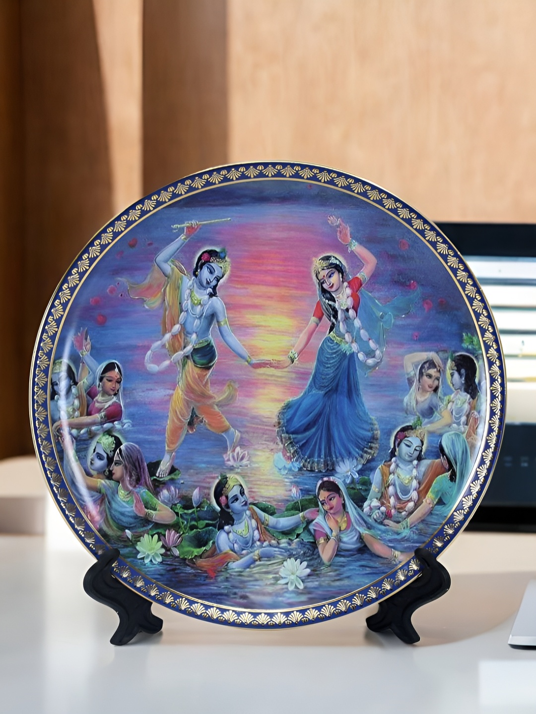 

The Decor Lane Blue & Pink Printed Ceramic Wall Plate With Stand