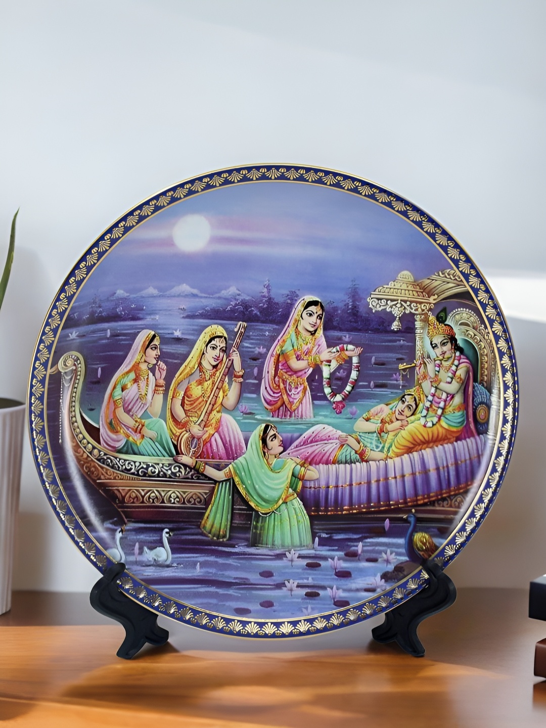 

The Decor Lane Blue & Yellow Printed Ceramic Wall Plate With Stand