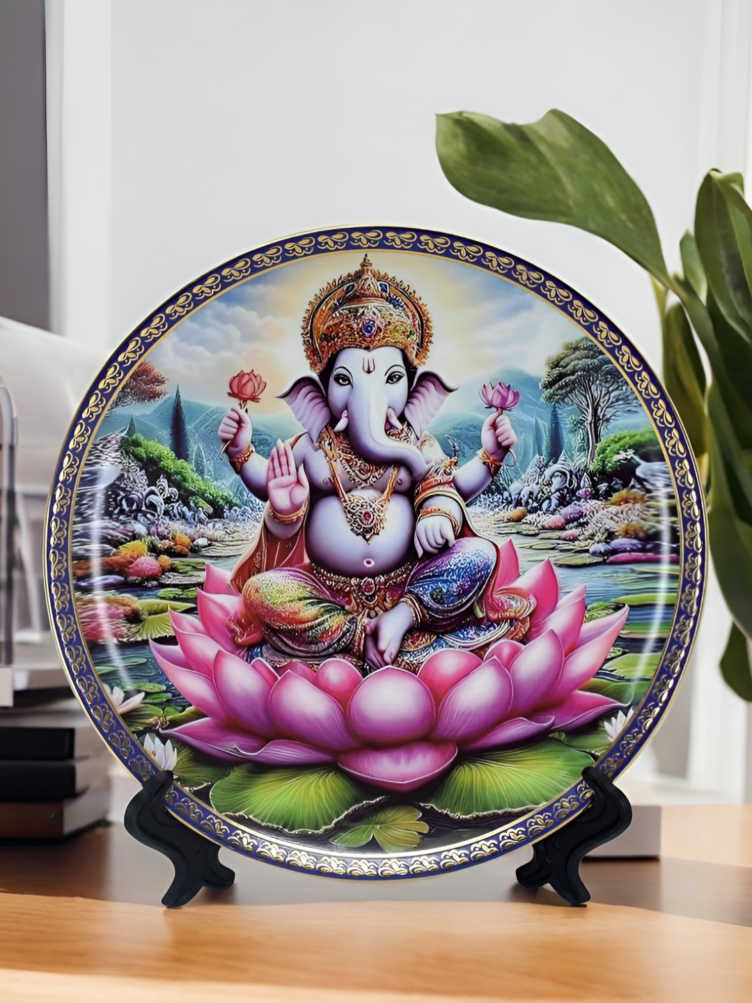 The Decor Lane Blue & Pink Printed Ceramic Wall Plate With Stand