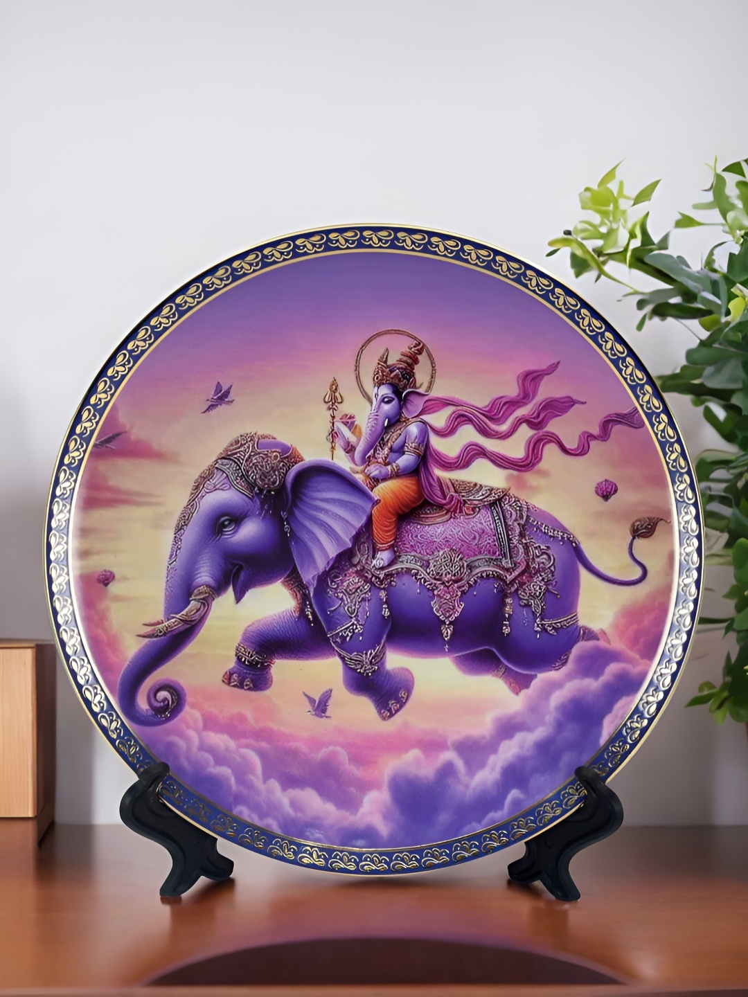 The Decor Lane Purple & Pink Printed Ceramic Wall Plate With Stand