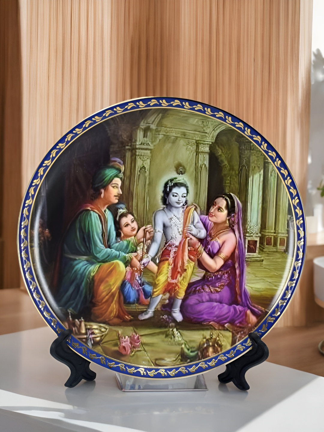 The Decor Lane Green & Blue Printed Ceramic Wall Plate With Stand