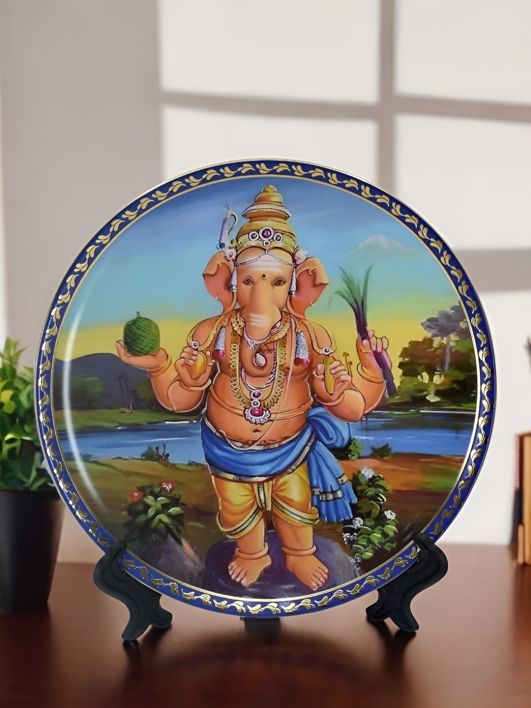 

The Decor Lane Brown & Blue Printed Ceramic Wall Plate With Stand