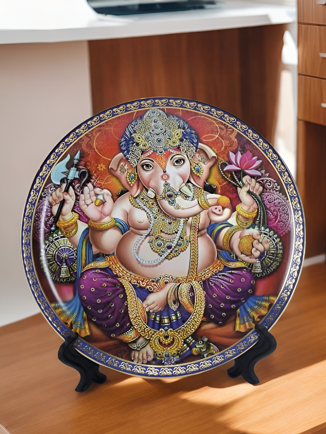 The Decor Lane Purple & Beige Printed Ceramic Wall Plate With Stand