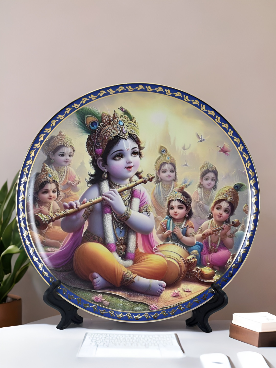 

The Decor Lane Blue & Yellow Printed Ceramic Wall Plate With Stand