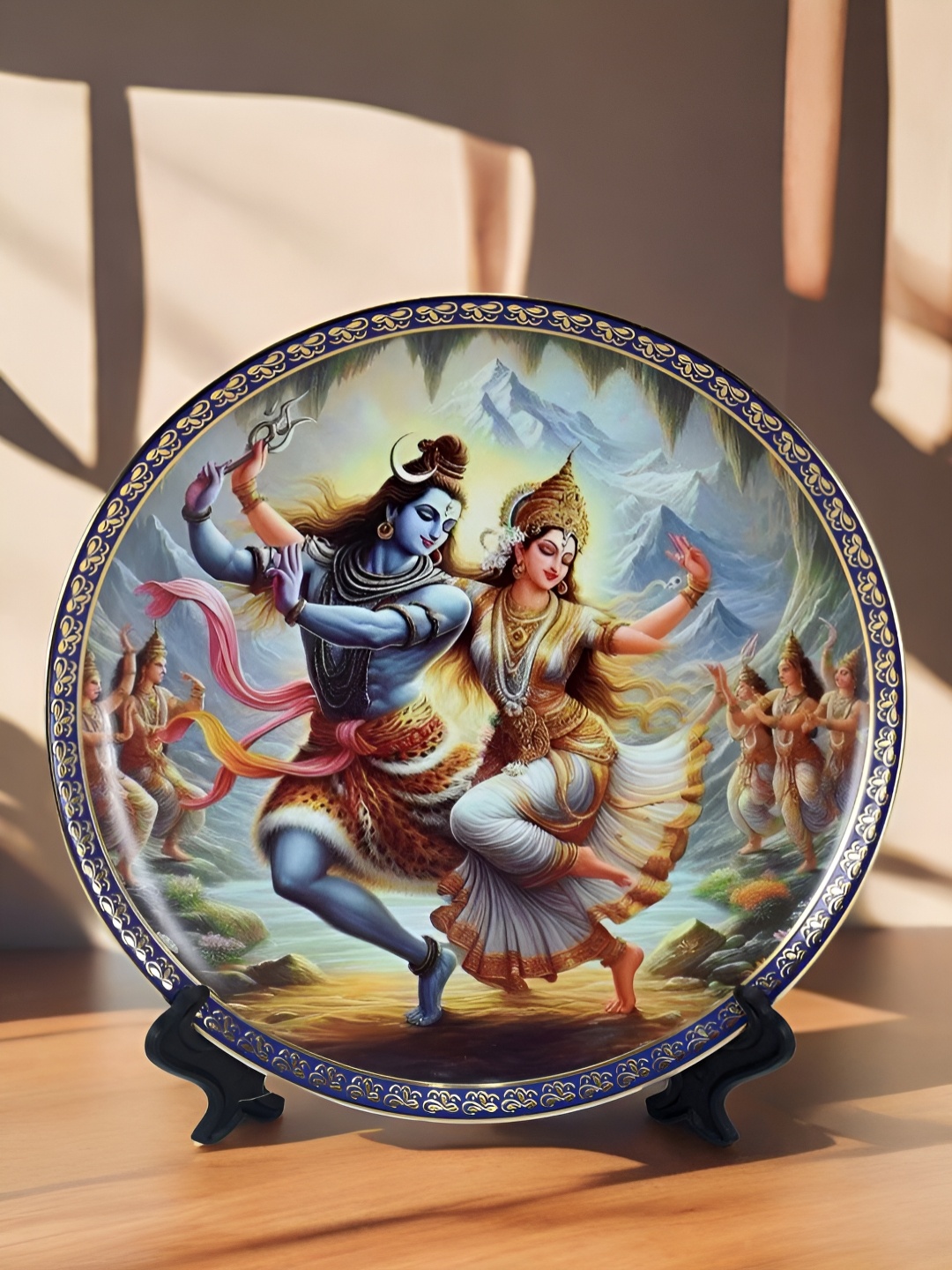 The Decor Lane Blue & White Printed Ceramic Wall Plate With Stand