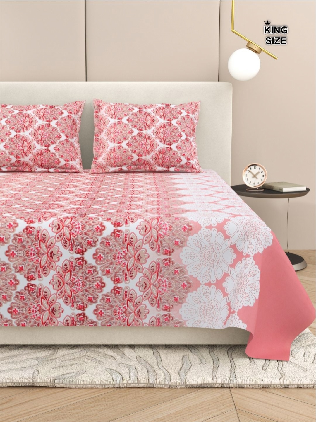 

DREAM WEAVERZ White & Pink Conversational 220 TC King Bedsheet with 2 Pillow Covers