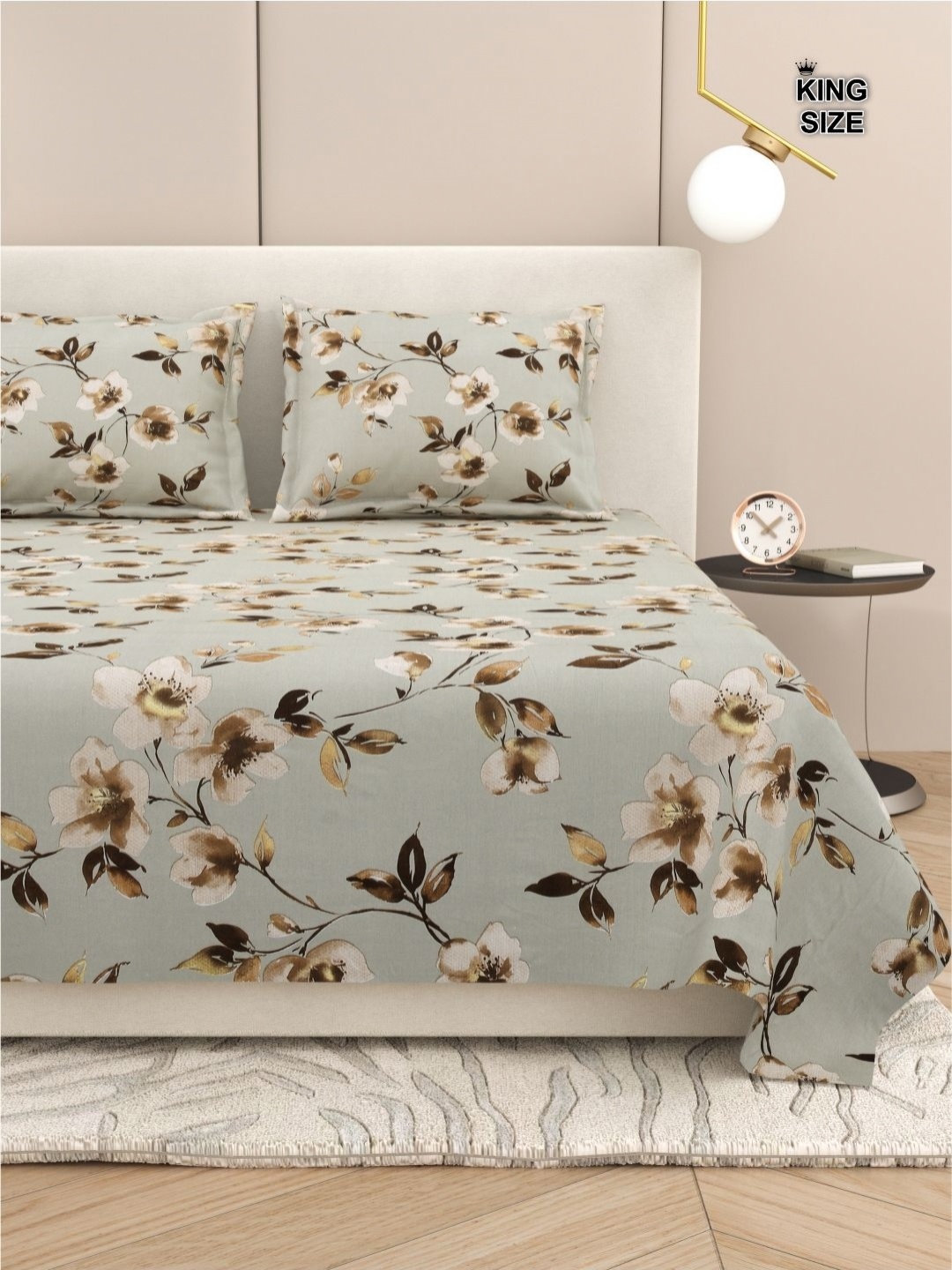 

DREAM WEAVERZ Floral King Size Bedsheet With 2 Pillow Cover, Grey