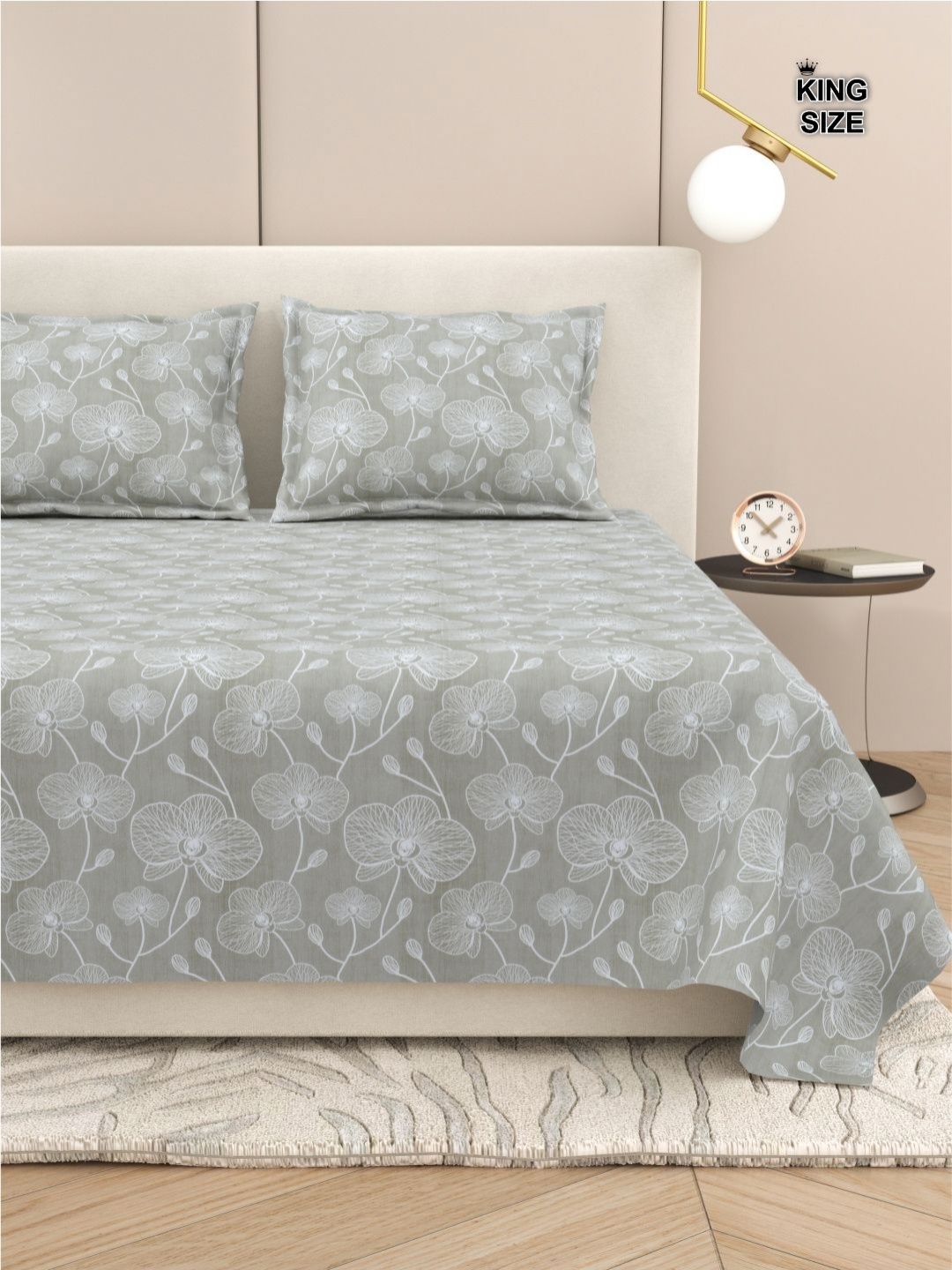 

DREAM WEAVERZ Floral King Size Bedsheet With 2 Pillow Cover, Grey