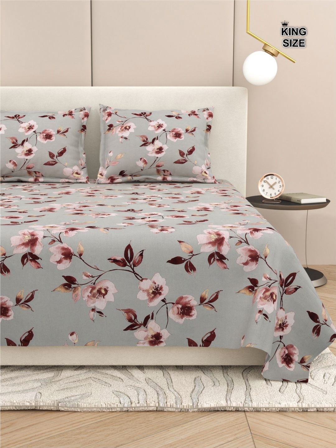 

DREAM WEAVERZ Floral King Size Bedsheet With 2 Pillow Cover, Grey